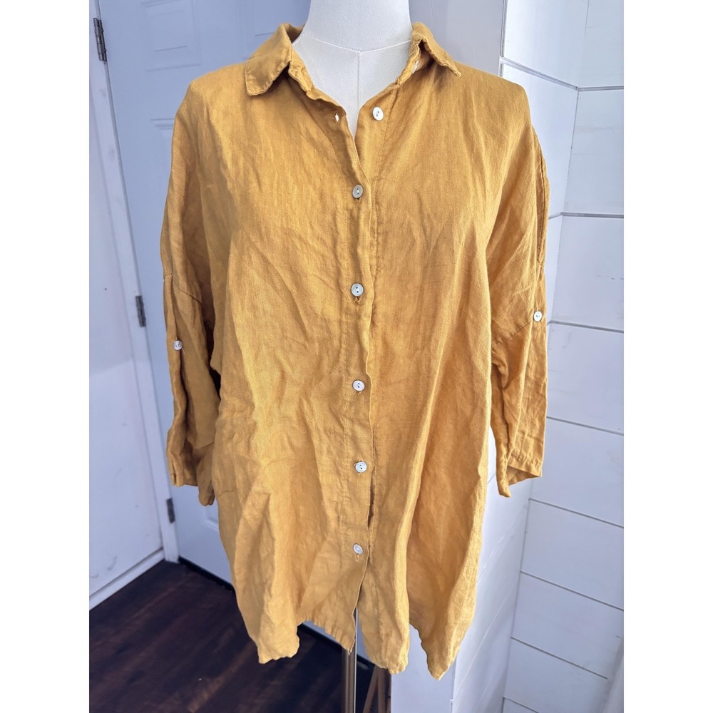 Pronto Moda Perla Shirt Womens 3 Yellow Linen Button Front Tunic Roll Tab Italy